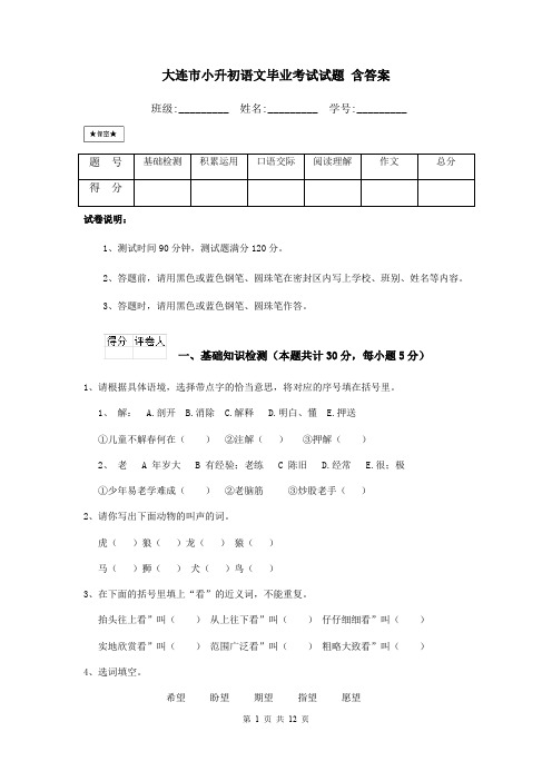 大连市小升初语文毕业考试试题 含答案