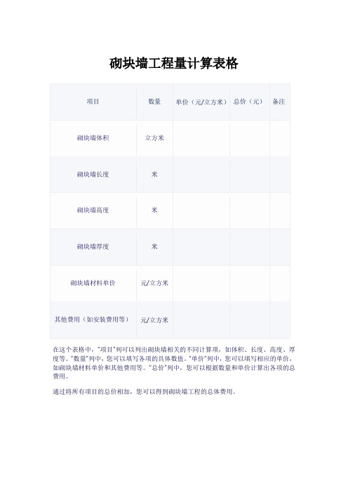 砌块墙工程量计算表格