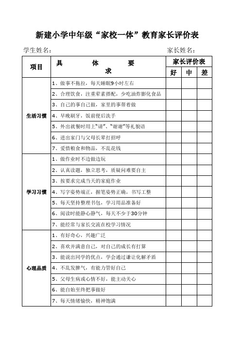 中段家长评价表