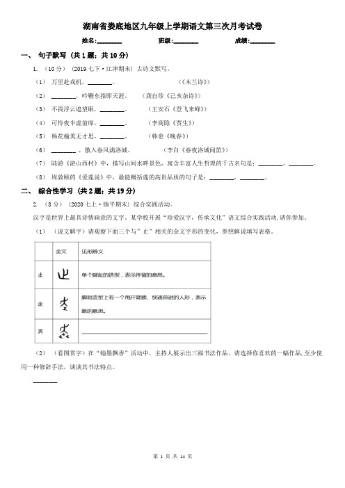 湖南省娄底地区九年级上学期语文第三次月考试卷