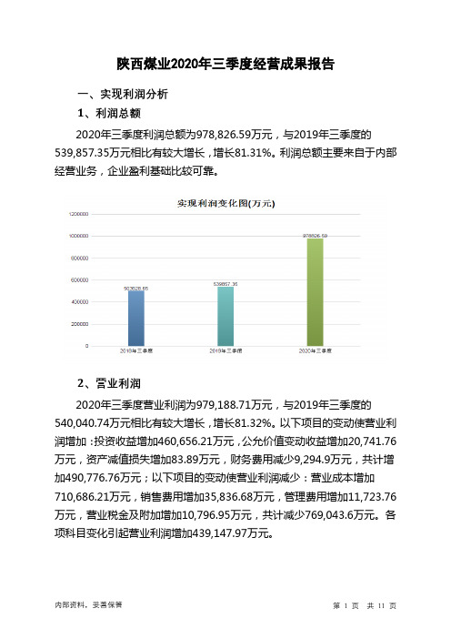 陕西煤业2020年三季度经营成果报告