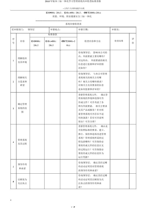 2015年版本三标一体化学习管理体系内审检查标准表格