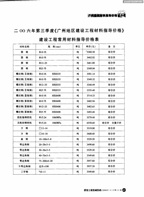 二OO六年第三季度《广州地区建设工程材料指导价格》建设工程常用材料指导价格表