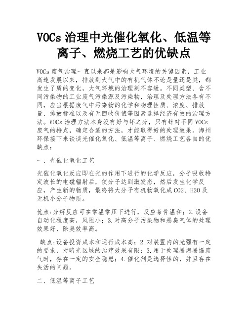 VOCs治理中光催化氧化、低温等离子、燃烧工艺的优缺点 