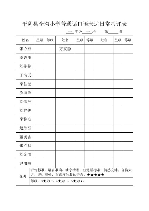 小学生普通话日常评价表