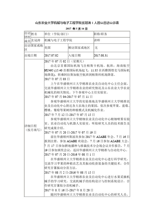 山东农业大学机械与电子工程学院玄冠涛1人因公出访公示表