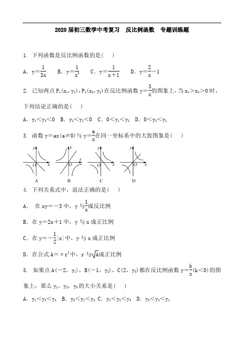 2020届初三数学中考复习 反比例函数 专题训练题含答案