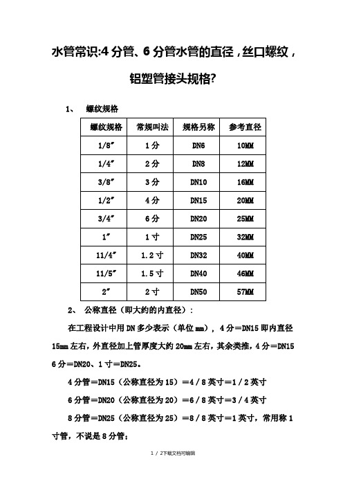 4分管、6分管水管的直径,丝口螺纹,铝塑管接头