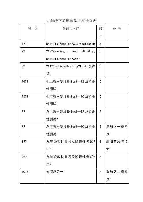 九年级下英语教学进度计划表