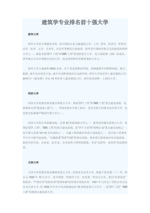 建筑学专业排名前十强大学