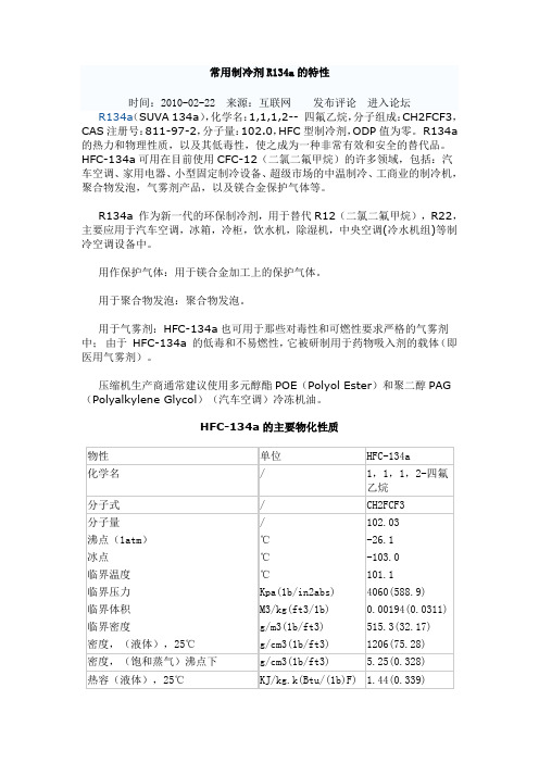 常用制冷剂R134a的特性