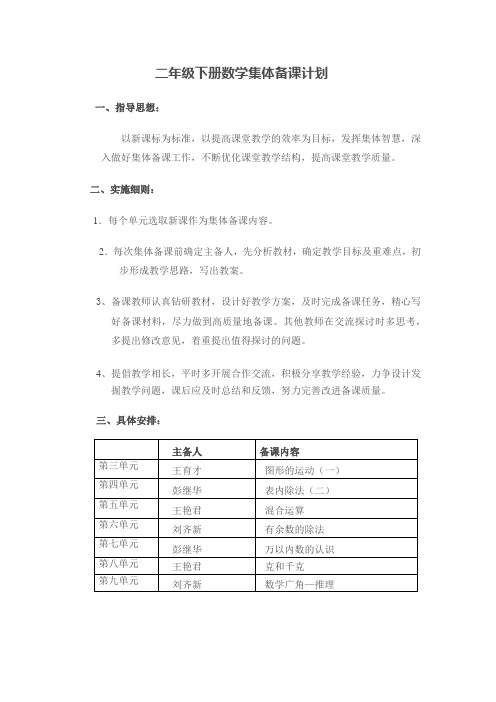 二年级下册数学集体备课计划