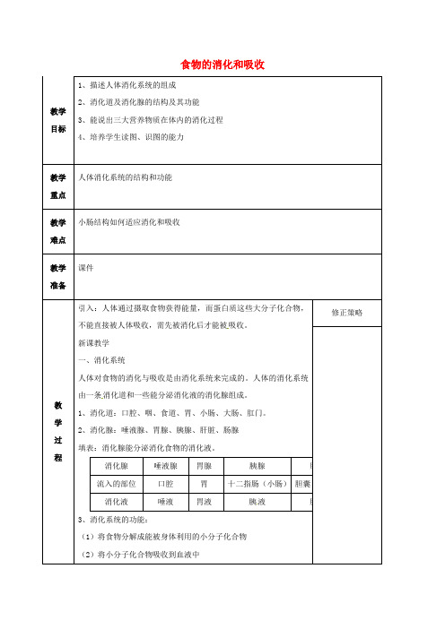 九年级科学上册 4.2.2 食物的消化和吸收教案 (新版)浙教版