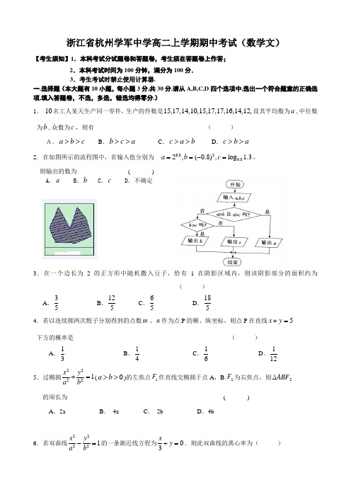 浙江省杭州学军中学高二上学期期中考试(数学文).doc