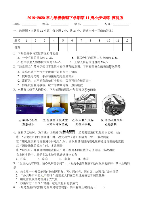 2019-2020年九年级物理下学期第11周小步训练 苏科版