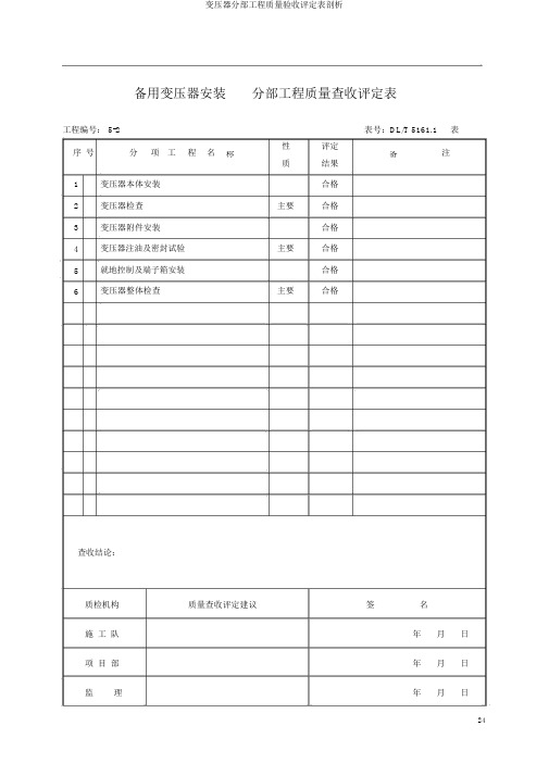 变压器分部工程质量验收评定表剖析