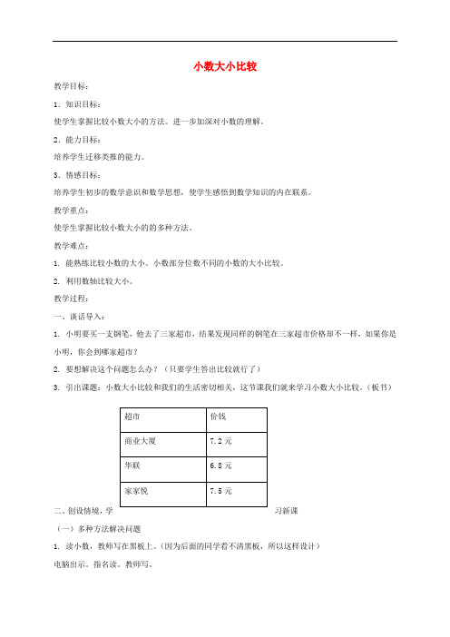 三年级数学下册 小数的大小比较1教案 青岛版五年制