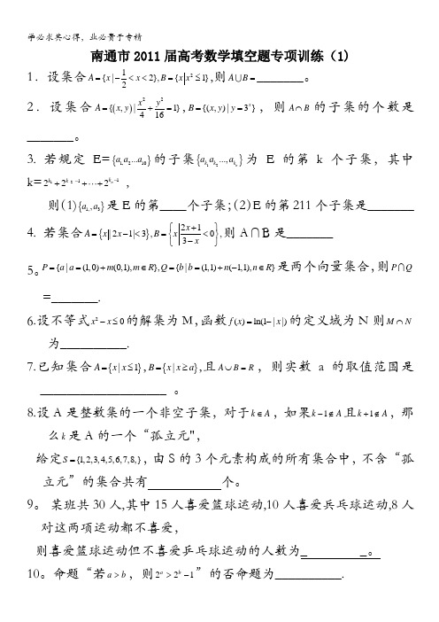 江苏省南通市2011届高考数学填空题专项训练(1)