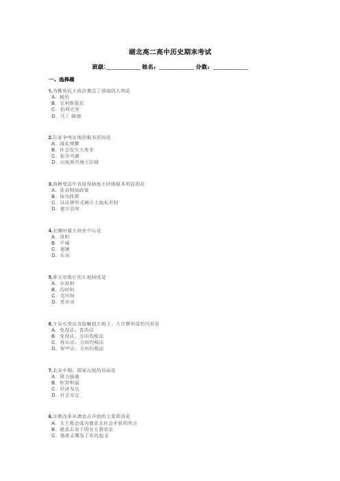 湖北高二高中历史期末考试带答案解析
