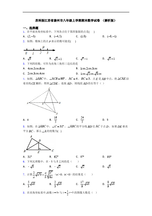 苏科版江苏省泰州市八年级上学期期末数学试卷 (解析版)