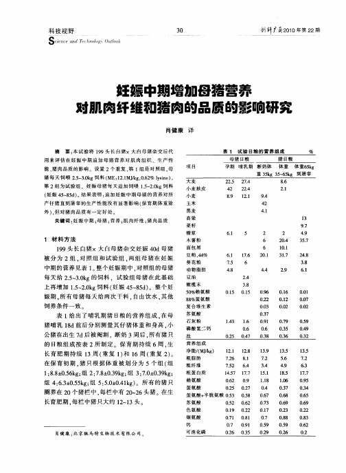 妊娠中期增加母猪营养对肌肉纤维和猪肉的品质的膨响研究