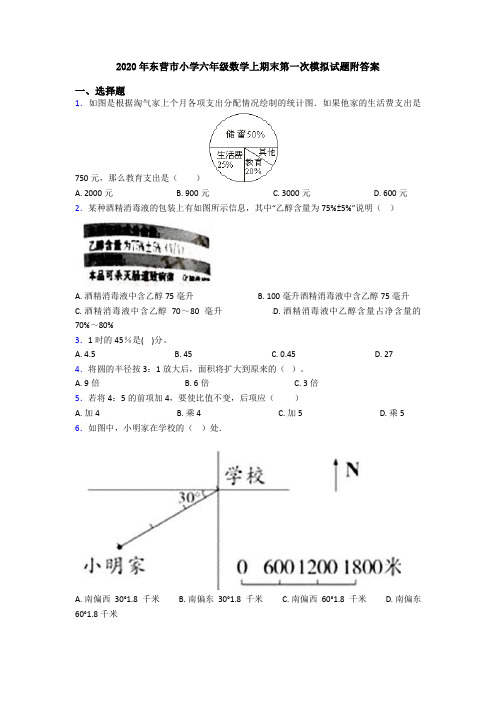 2020年东营市小学六年级数学上期末第一次模拟试题附答案