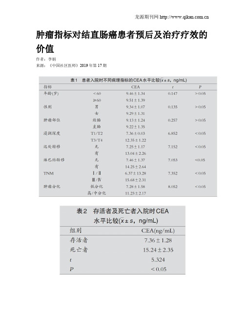 肿瘤指标对结直肠癌患者预后及治疗疗效的价值