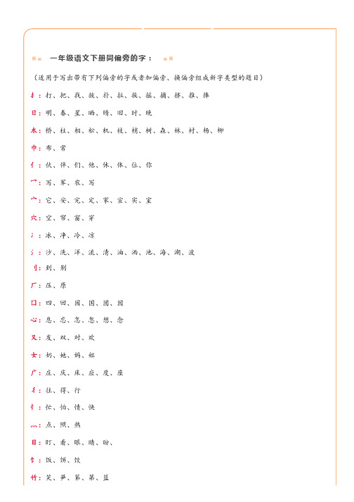 一年级语文下册 _ 常用名称偏旁表