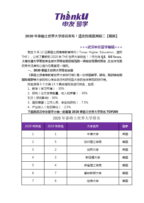 2020年泰晤士世界大学排名发布!清北包揽亚洲前二【最新】