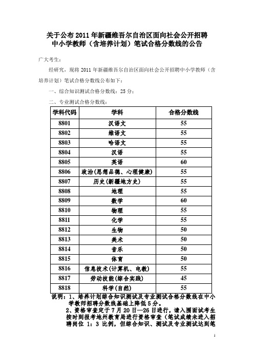 2011年中小学教师(含培养计划)笔试合格分数线的公告