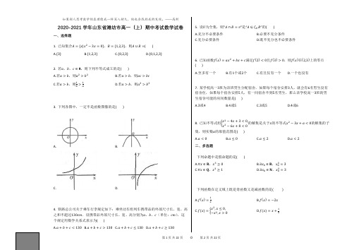 2020-2021学年山东省潍坊市高一(上)期中考试数学试卷人教A版(2019)