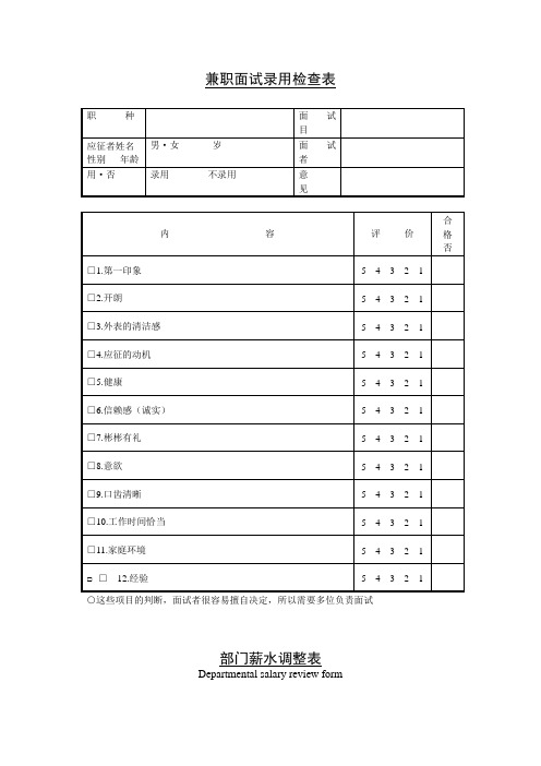 公司企业兼职面试录用检查表