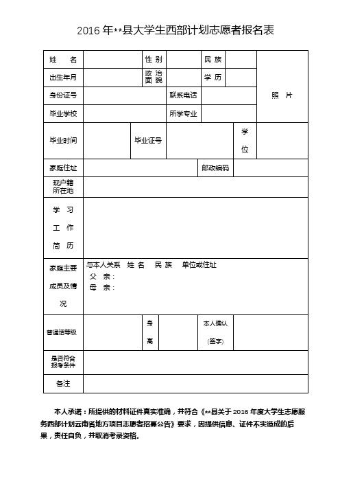 2016年XX县大学生西部计划志愿者报名表【模板】