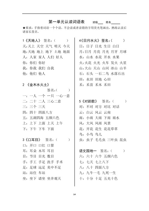 一年级上册1-8单元词语表