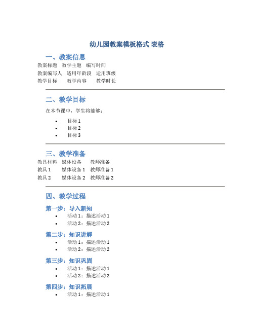 幼儿园教案模板格式 表格