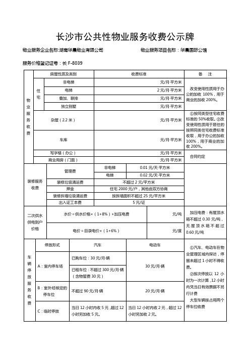 长沙市物业管理公共性服务收费公示牌