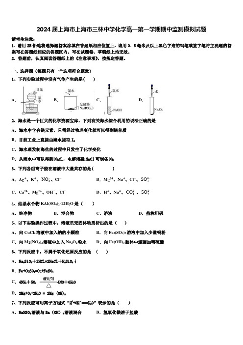 2024届上海市上海市三林中学化学高一第一学期期中监测模拟试题含解析