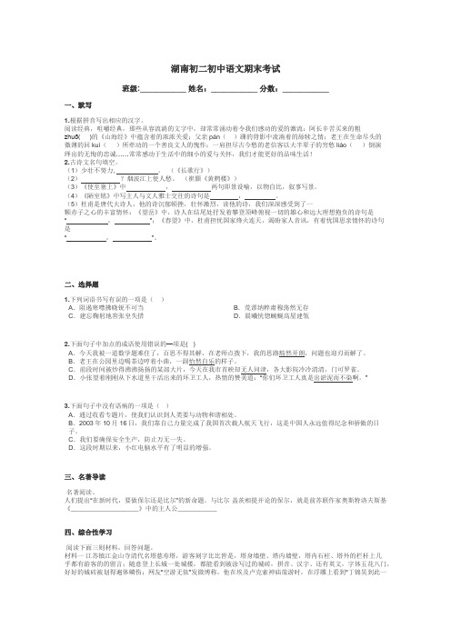 湖南初二初中语文期末考试带答案解析
