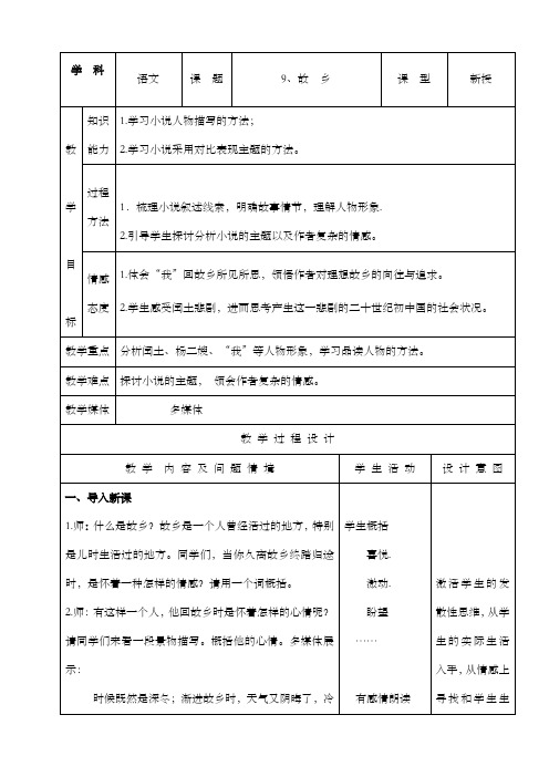 最新人教版初中语文九年级上册9故乡公开课教学设计