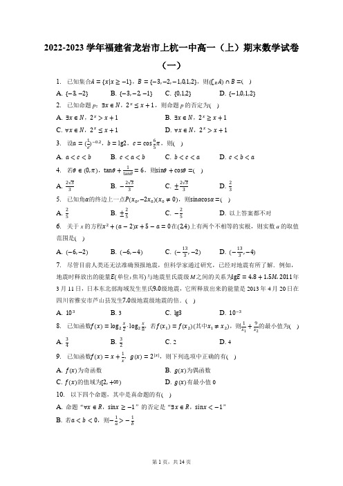 2022-2023学年福建省龙岩市上杭一中高一(上)期末数学试卷(一)(含答案解析)