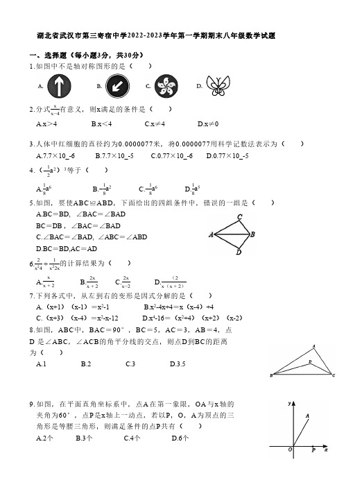 湖北省武汉市第三寄宿中学2022-2023学年第一学期期末八年级数学试题(含手写图片答案)