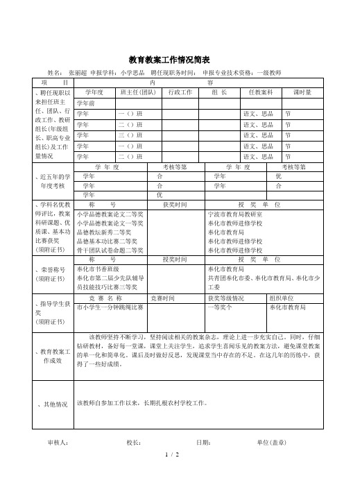 教育教学工作情况简表