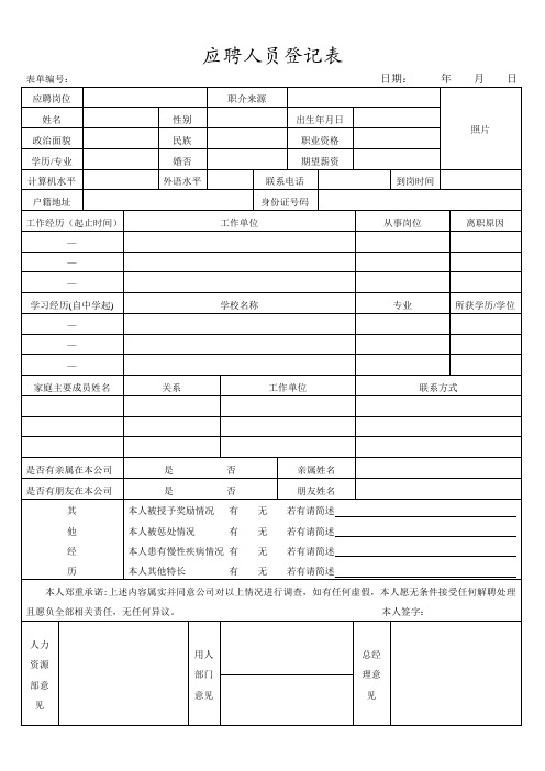 应聘人员登记表