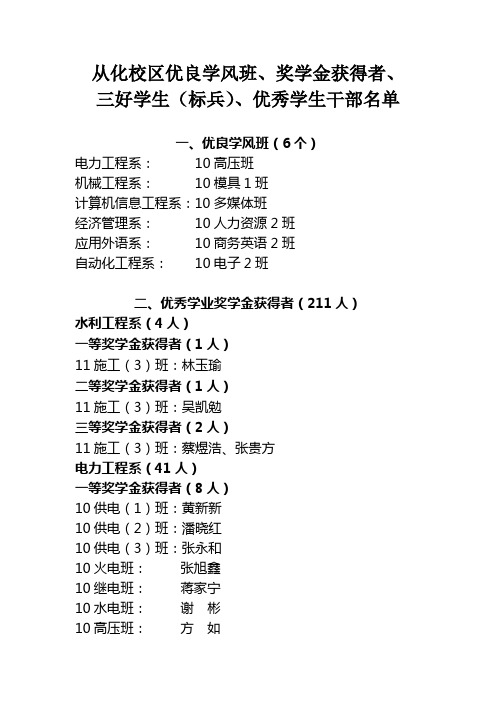 从化校区优良学风班、奖学金获得者、 三好学生(标兵)、优秀学生