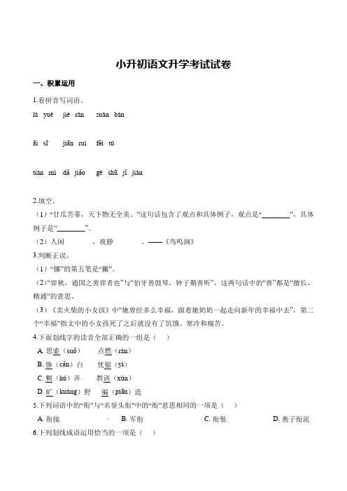 人教新课标六年级下册语文期末试题--小升初语文升学考试试卷 (含解析)