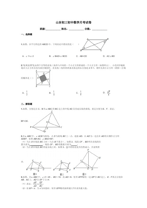 山东初三初中数学月考试卷带答案解析
