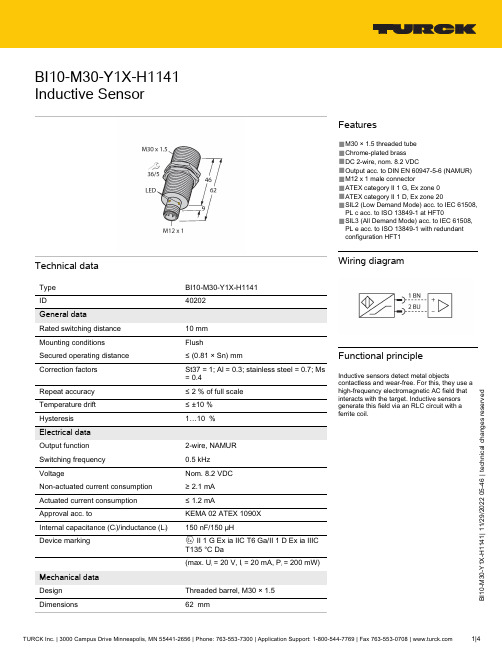 TURCK BI10-M30-Y1X-H1141 型号的感应传感器数据手册说明书