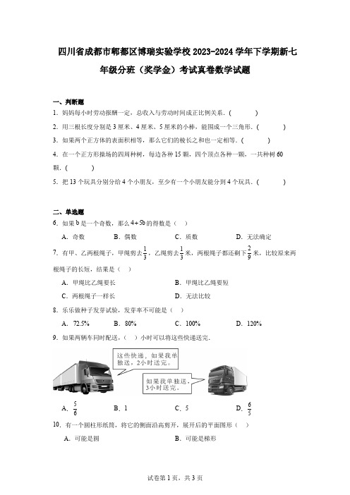 四川省成都市郫都区博瑞实验学校2023-2024学年下学期新七年级分班(奖学金)考试真卷数学试题