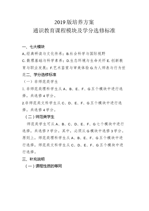 培养方案通识教育课程模块及学分选修标准