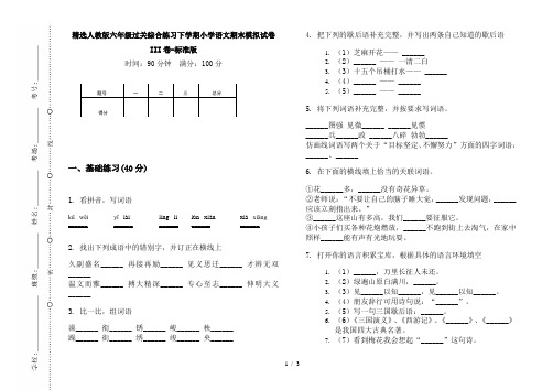 精选人教版六年级过关综合练习下学期小学语文期末模拟试卷III卷-标准版